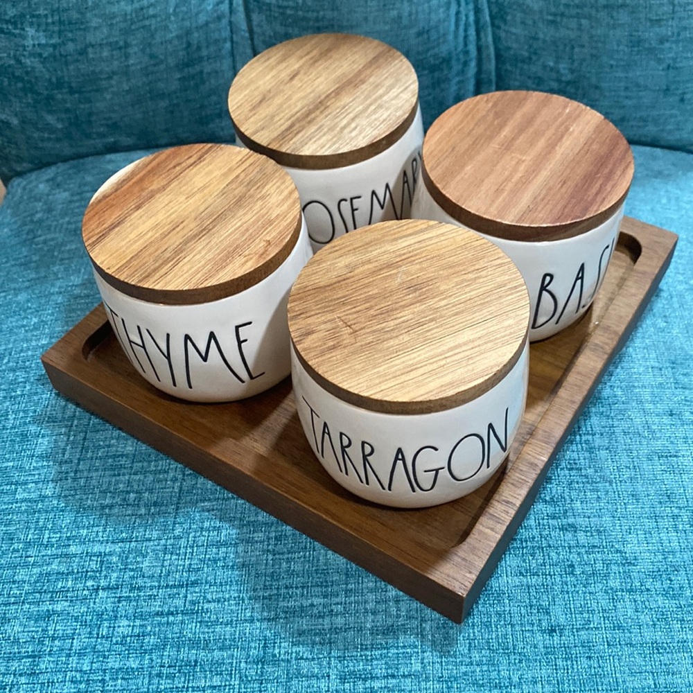 Rae Dunn Spice Jars With Wooden Lids & Tray
